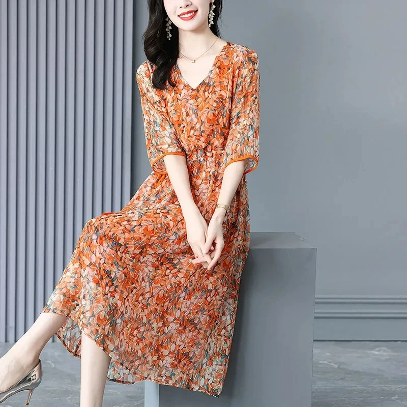 

Stylish Broken Flowers Drawstring Midi Dress Women's Clothing Elegant V-Neck 2024 Summer Casual Half Sleeve A-Line Waist Dresses
