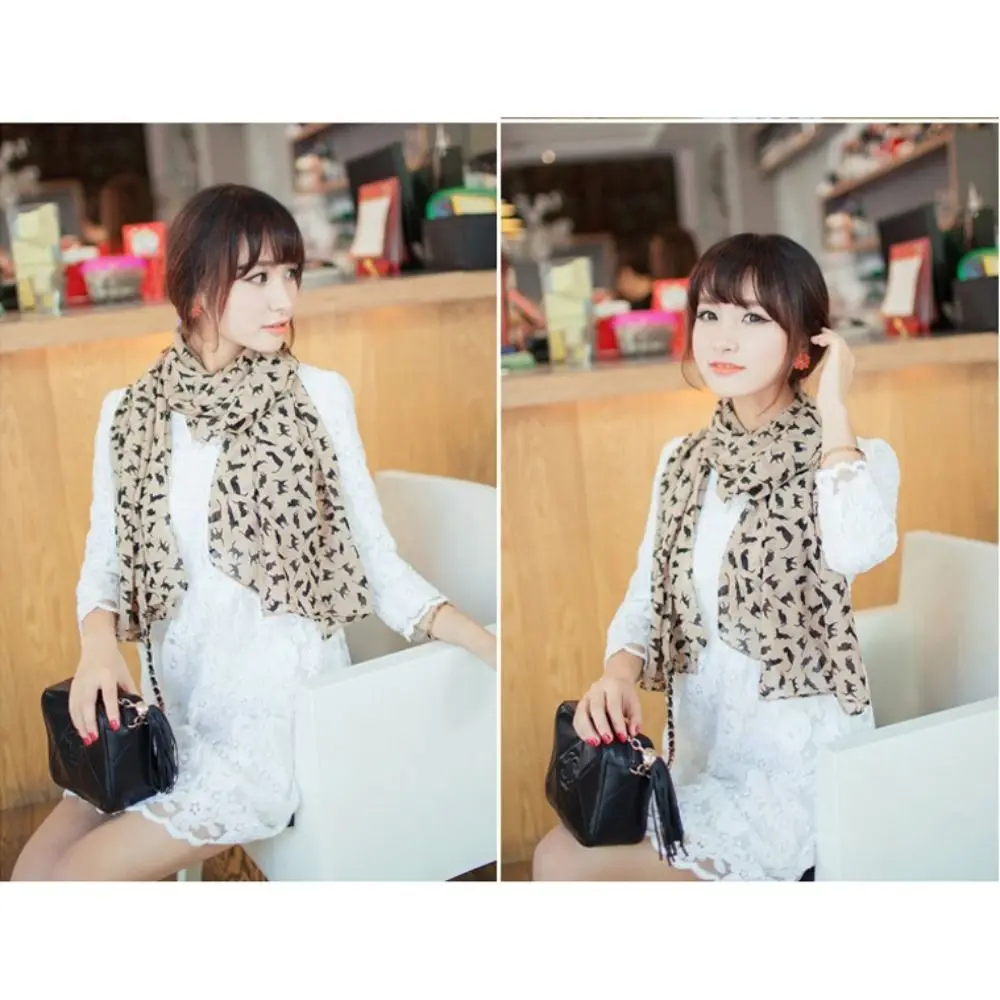 Chiffon Cartoon Cat Printed Scarf for Women and Girls