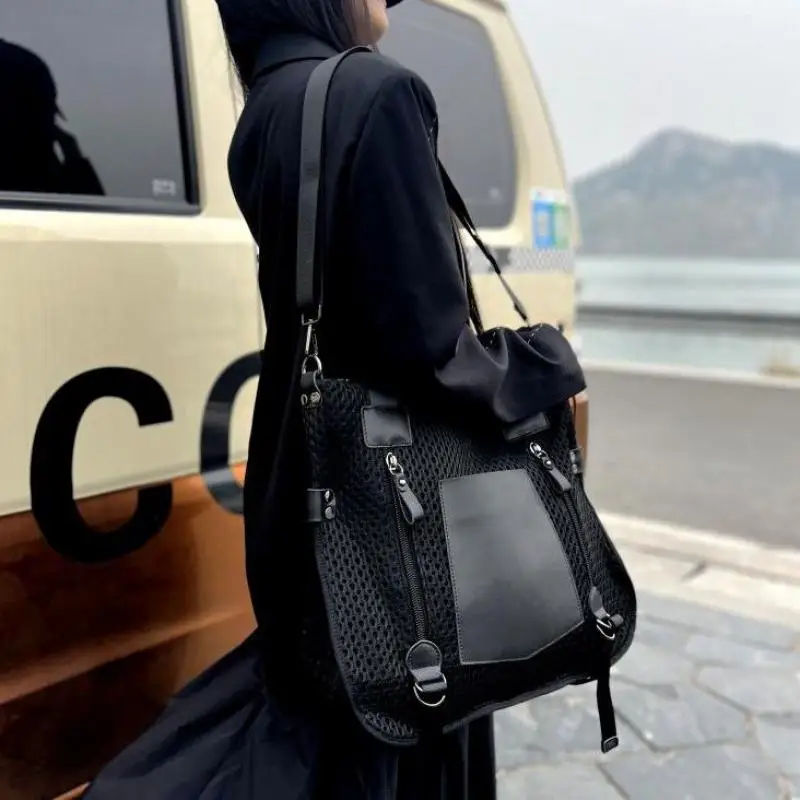 

European And American Fashion Oxford Fabric Genuine Leather Patchwork Mesh Hollowed Out Large Capacity Single Shoulder Women Bag