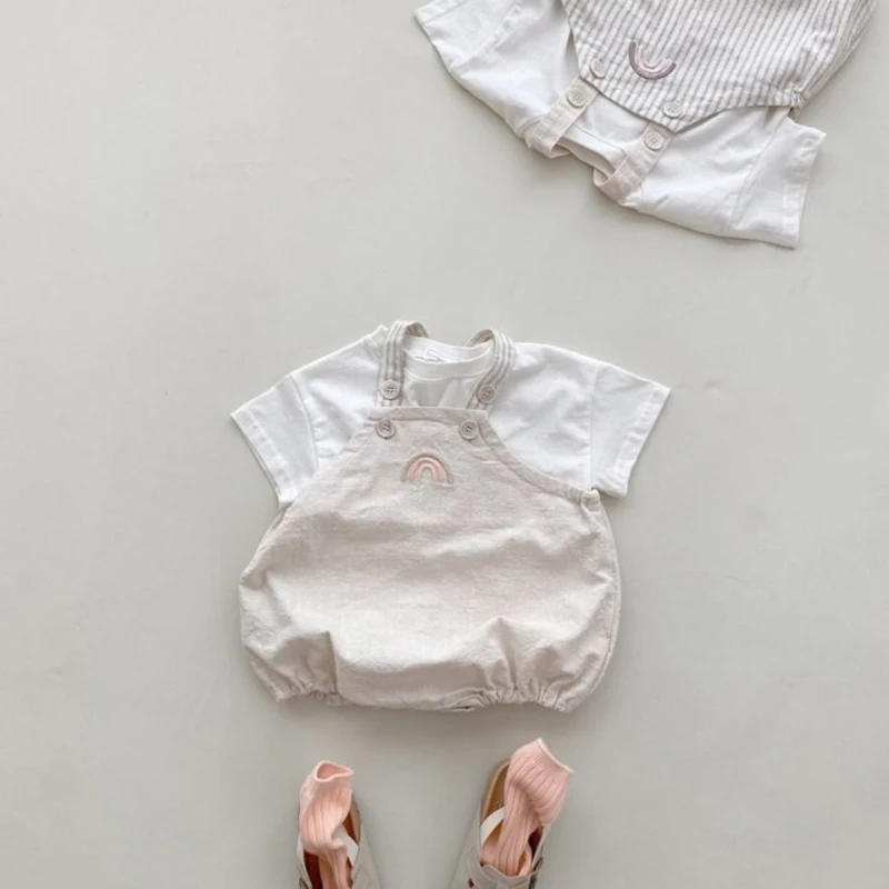 Summer Newborn Infant Baby Girls Boy Streak Romper Muslin Sleeveless Rainbow Rompers T-shirt Kids Onepiece Fashion Baby Clothing 4