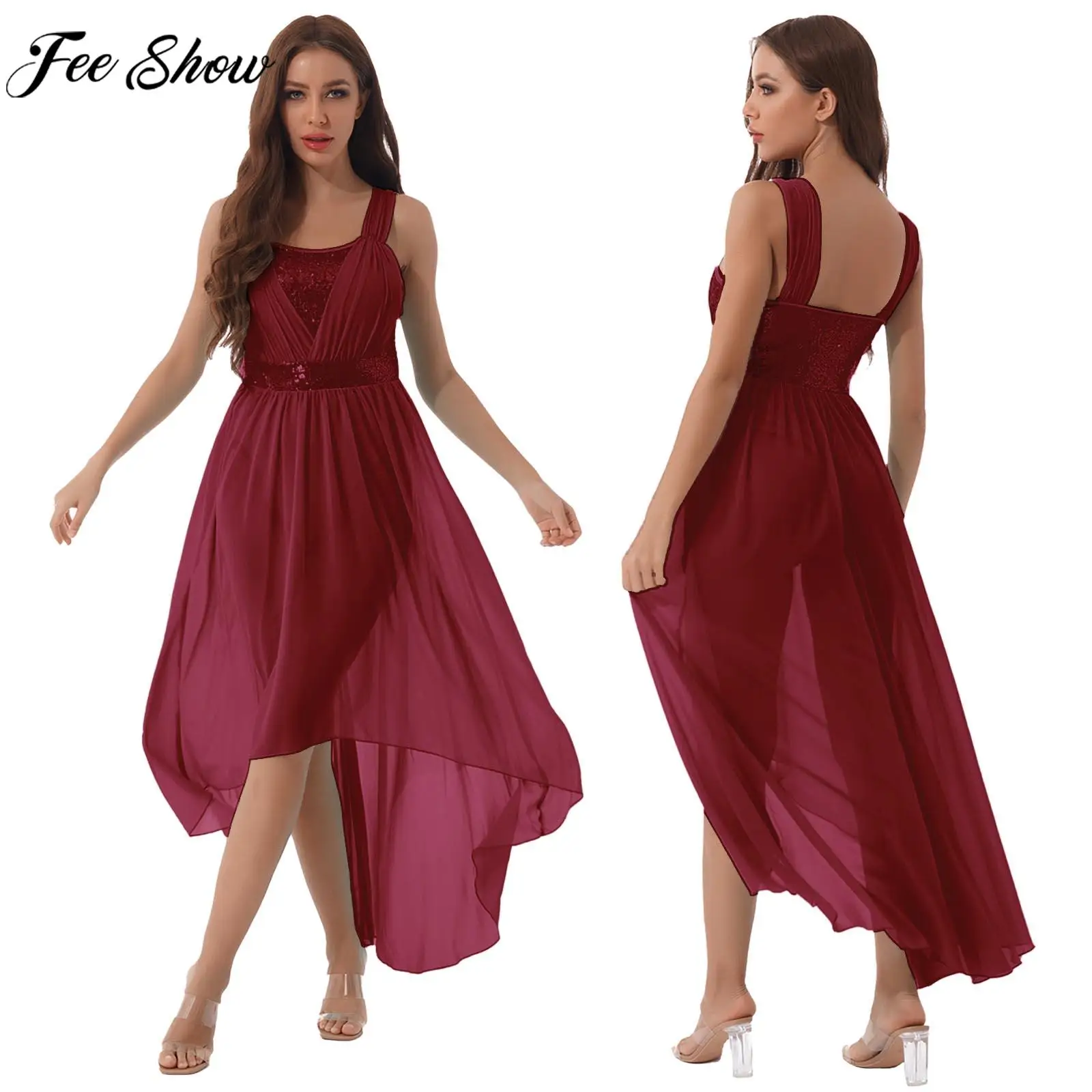 

Women Contemporary Lyrical Dance Dress Sleeveless Sequin Sheer Chiffon Maxi Irregular Hem Leotard Dresses Performance Dancewear