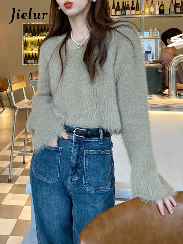 

Jielur Ins Autumn New Sweet O-neck Chicly Sweater Female Pullovers Solid Color Loose Basic Simple Casual Fashion Women Pullovers