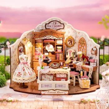 Kit Casa delle Bambole in Miniatura Fai-da-Te di Robotime, Modello 'La Sartoria di Elsa' in Legno con Luci LED, Regalo Artigianale per Adulti