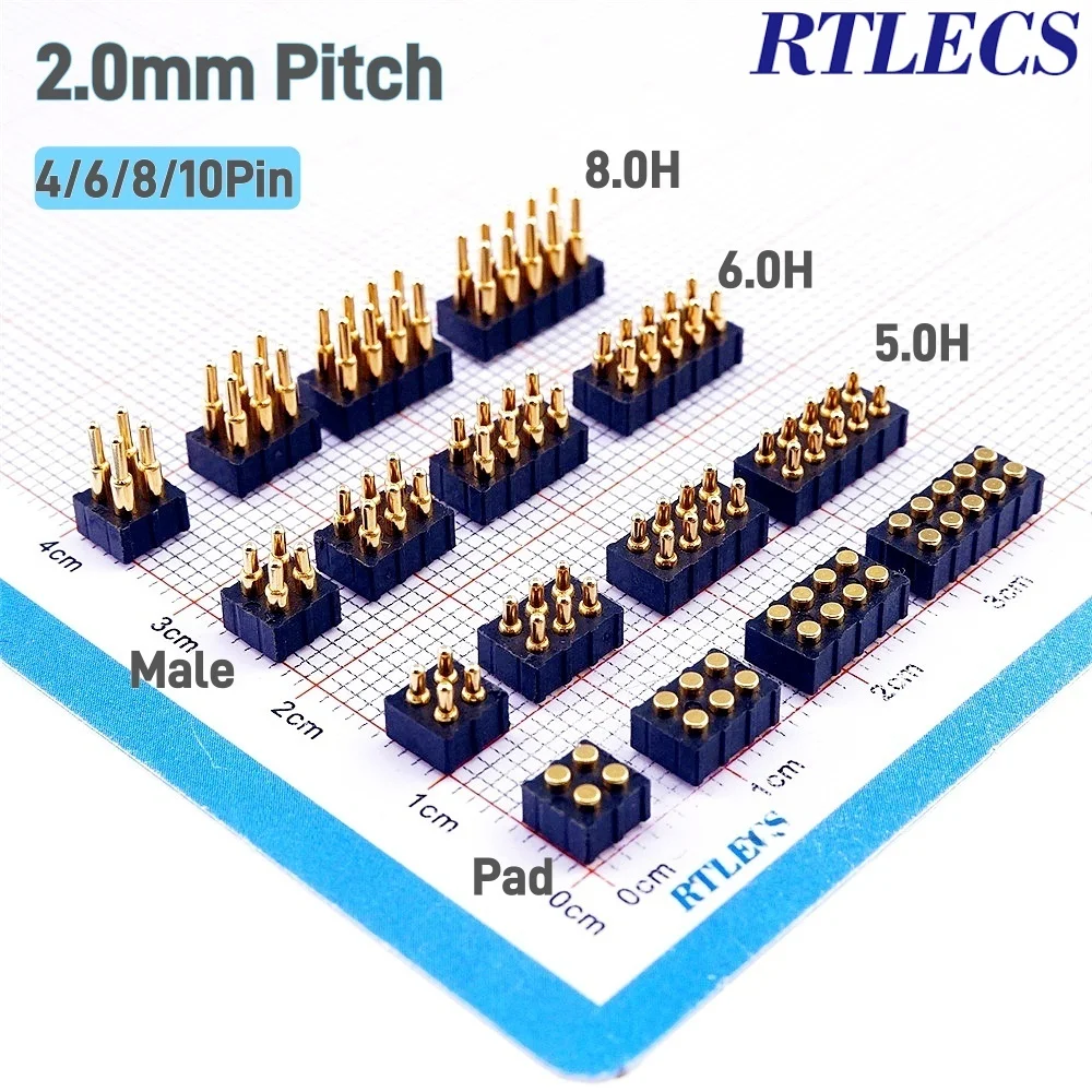 Gold Plated Spring Loaded Pogo Pin Connector with Double Row Mount, 2.0mm Pitch