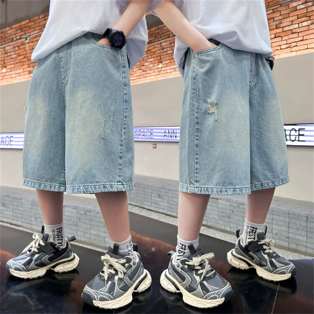 소년 데님 반바지, 청소년 아동용 청바지, 학생 데님 크롭 팬츠, 6832 패션, 여름