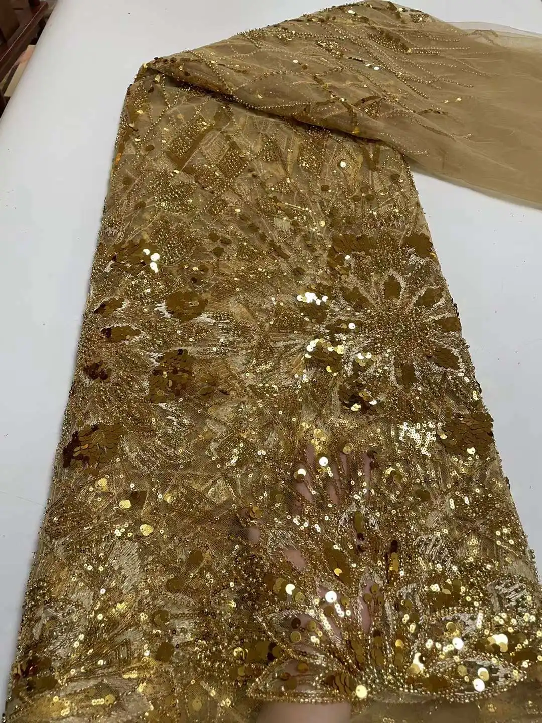 Nigerian Lace Fabric 2023 High Quality Embroidery African Orange Beads Sequins Tulle Latest French Lace Fabric For Wedding Party