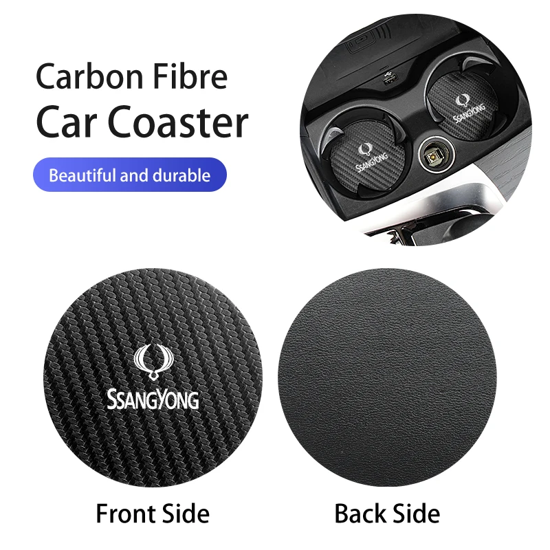 Car carbon fiber water coaster non-slip mat 2Pcs for SsangYong Actyon Korando Rexton Kyron Rodius Tivoli Musso Chairman