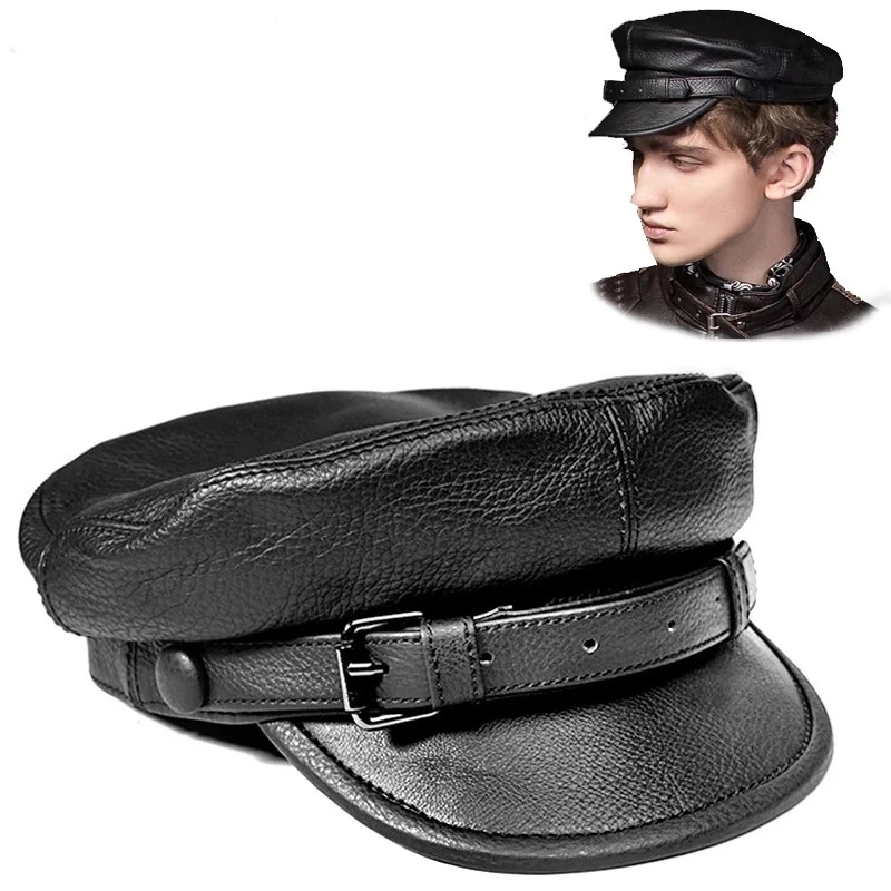 unisex-south-korean-style-genuine-leather-fitted-flat-military-hat-for-man-woman-personality-locomotive-punk-black-baseball-caps
