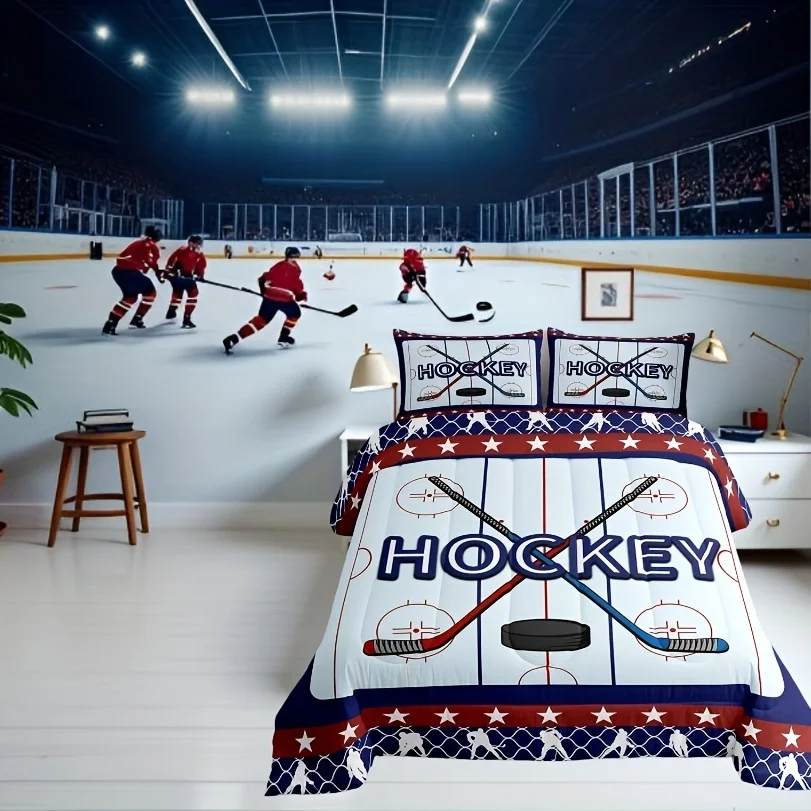 2/3Pcs Ice Hockey Player Comforter Set, Hockey Pucks Field Quilted Bedding with Pillowcases, Twin Full Queen Size for Christmas