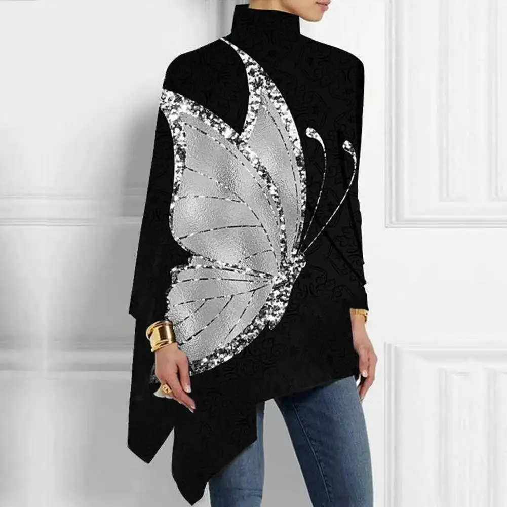 

Mid-length Polyester Top Irregular Hem Loose Fit Shirt Colorful Artistic Print High Collar Women's Blouse with for Fall