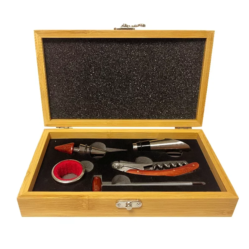 5pcs Bar Tools Wine Bottle Corkscrew Opener in Pourer Wooden Box 5 Pieces Kit Wine Accessories Gift Set with Bamboo