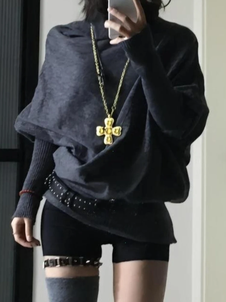 2000s Korean Fashion Slim Batwing Sleeve Autumn Sweaters Y2k Pure Color Subculture Casual Long Sleeve Pullovers Sweaters Chic