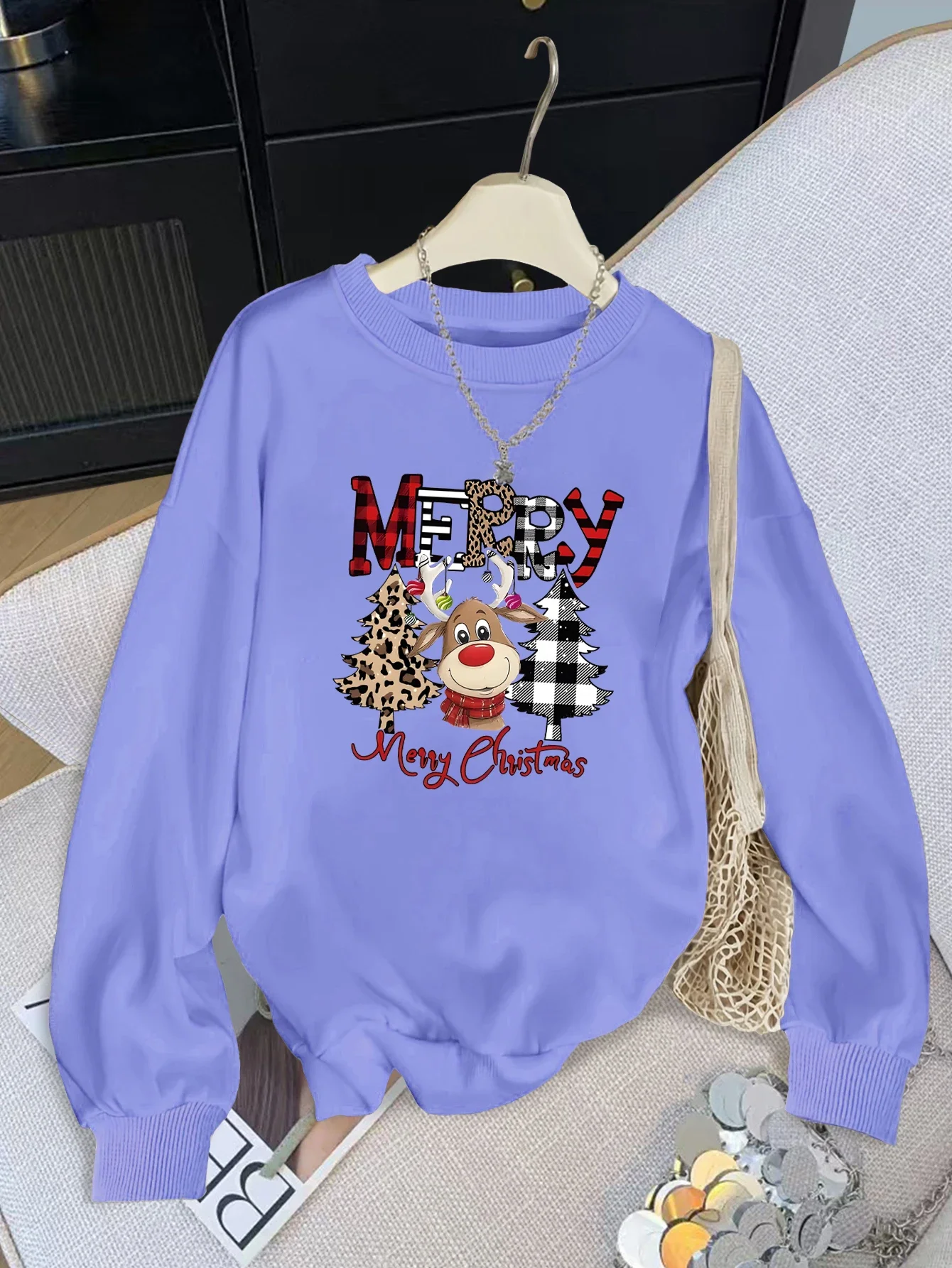 Christmas womens simple printed long sleeved round neck pullover knitted fabric loose fit autumn and winter fashionable top 3