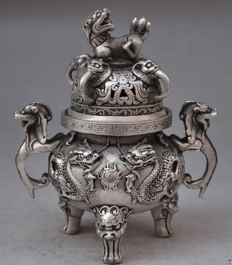 

SUIRONG---607+++Chinese buddhist manual old silver copper dragon lion statues incense burner