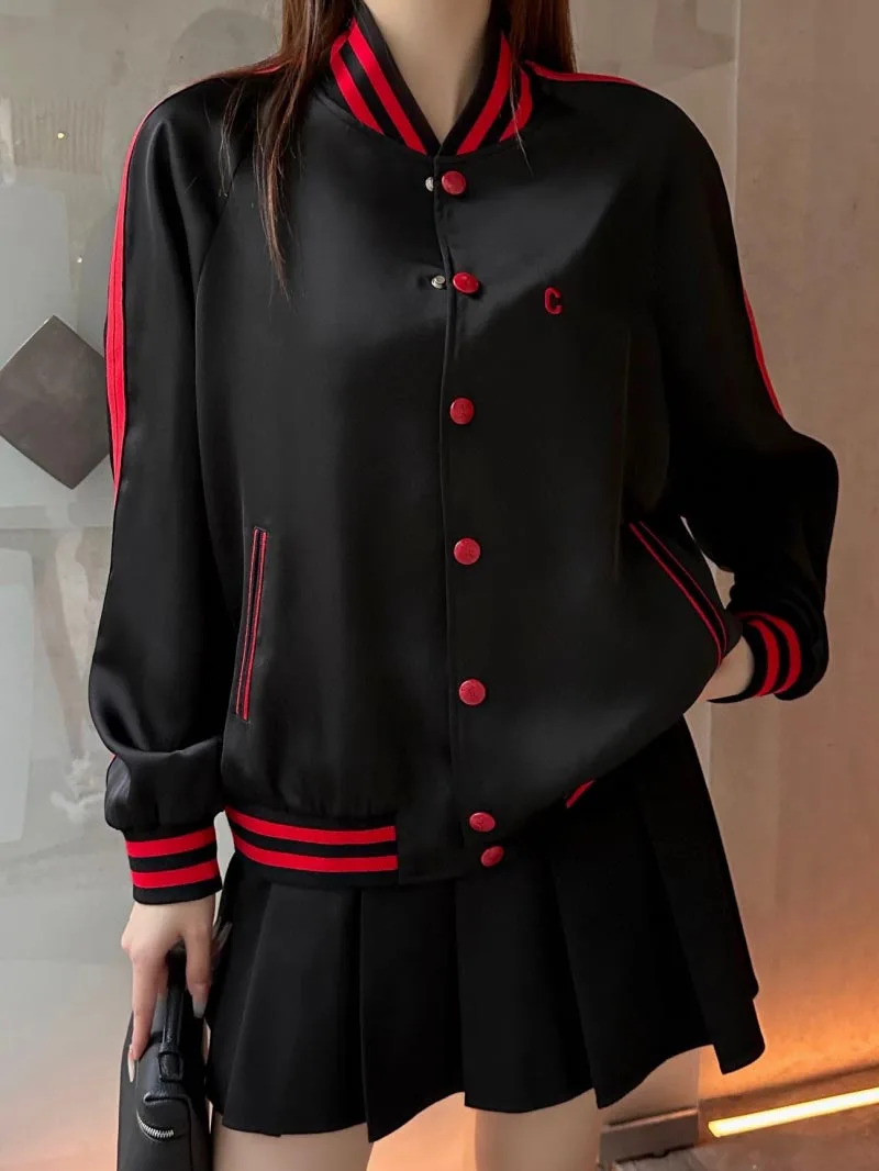 

Street style women's jacket fashionable loose casual contrasting color striped long sleeved baseball jacket