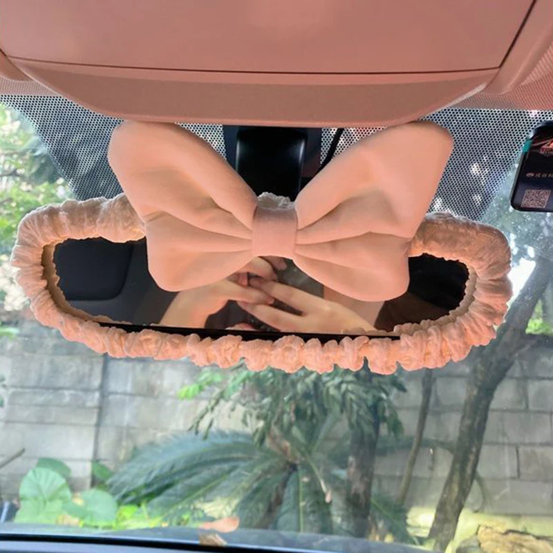 Velvet Retro Red Bow Car Mirror Cover Universal Stretch Soft Plush Auto Interior Rearview Mirror Case Decor Accessories Women