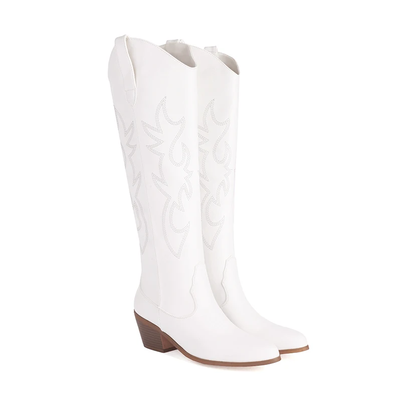 Kcenid Women Western Boots 2024 Fashion Embroidered Autumn Winter Chunky Heel Cowboy Boots Vintage Style Long Boots