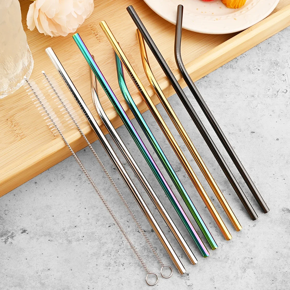 Colorful 11-Piece 304 Stainless Steel Reusable Straw Set with Cleaning Brush and Carry Bag