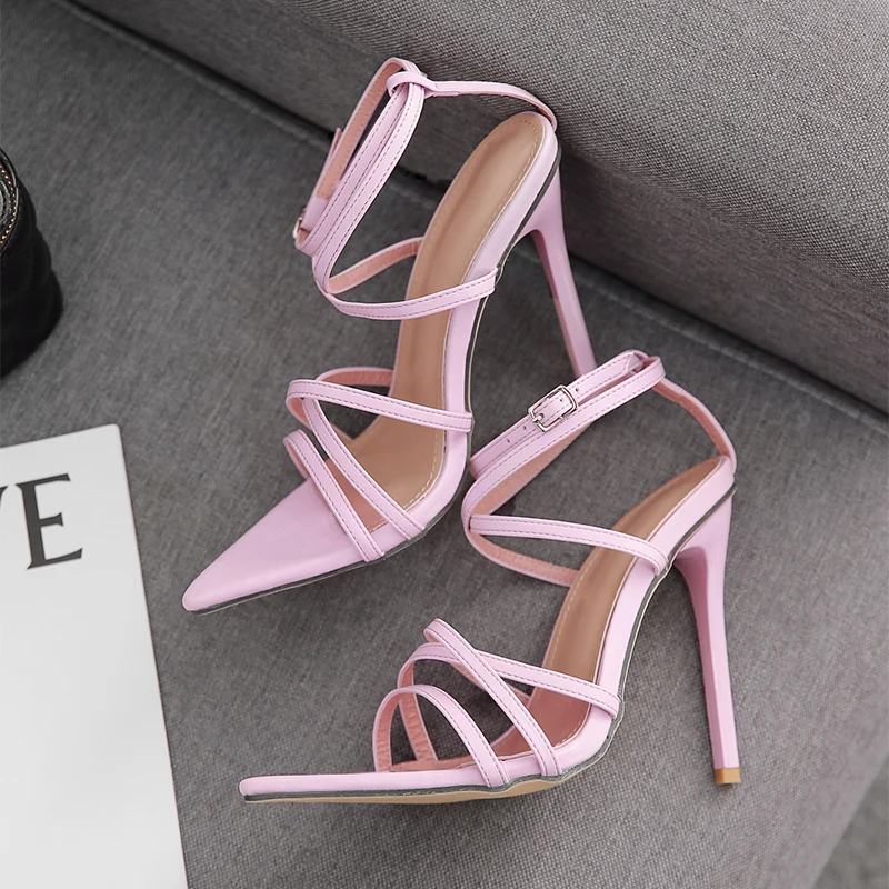 New Fashion Pinch Narrow Band Women Sandals 2024 Summer Square Pointed Peep Toe Ankle Buckle Strap High Heel Ladies Shoes Hollow