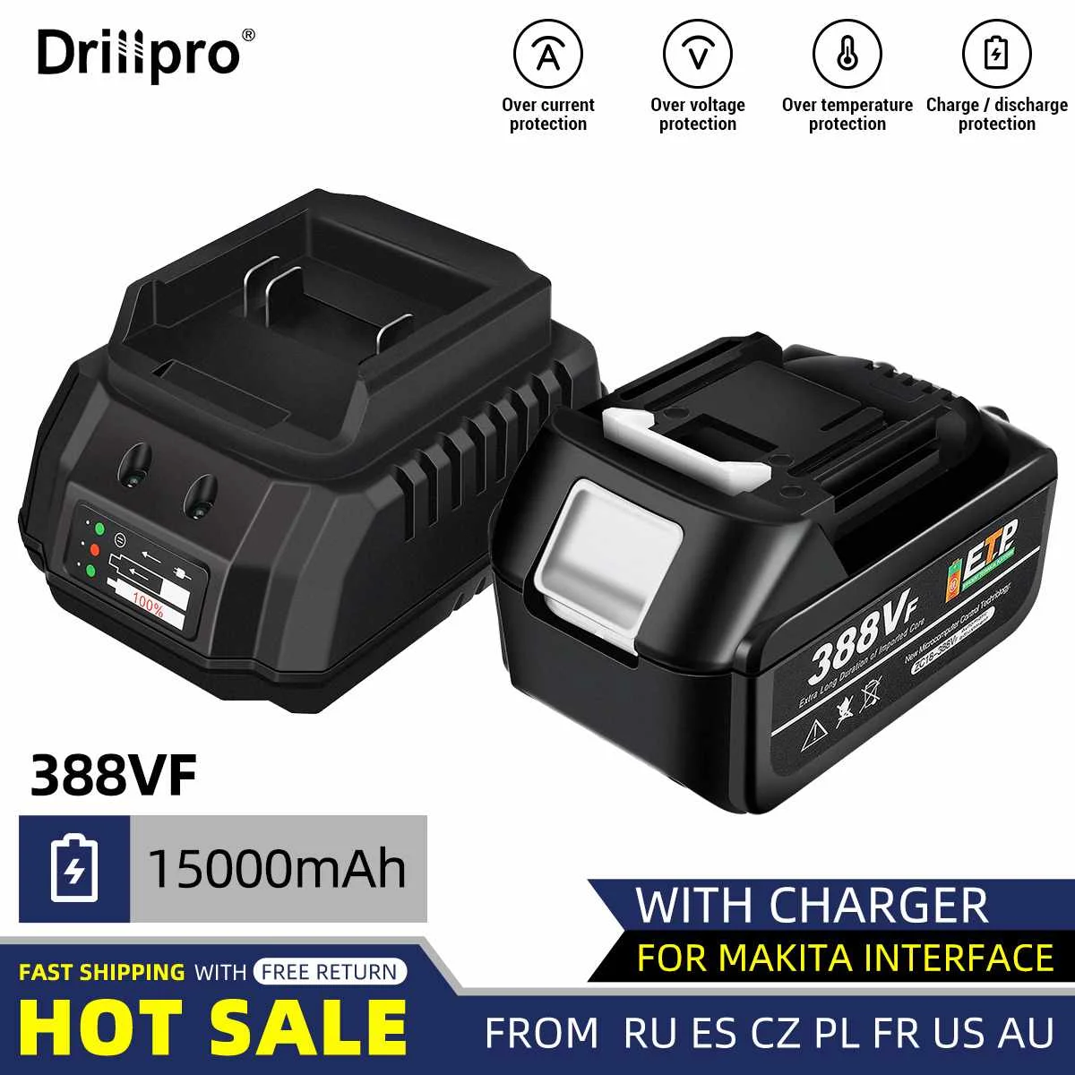 Аккумуляторная батарея Drilpro 388VF, 15000 мАч, литий-ионная батарея, Электрический гаечный ключ, дрель, пила, электроинструмент для батареи Makita, европейская вилка Аккумуляторная батарея Drilpro 388VF, 15000 мАч, литий-ионная батарея, Электрический гаечный ключ, дрель, пила, электроинструмент для батареи Makita, европейская вилка