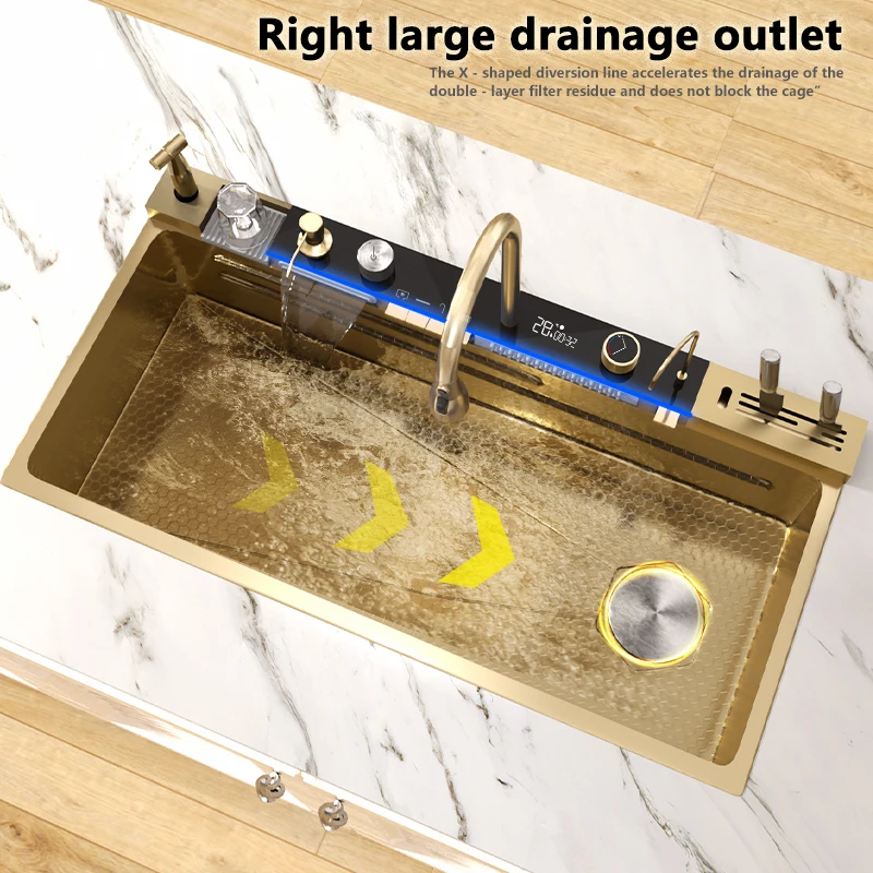 Golden Stainless Steel Kitchen Sink Multifunctional Large Single Basin Waterfall Dispenser Dishwashing Slot Undermount Basin