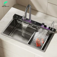 304 Stainless Steel Waterfall Kitchen Sink Large Single Slot Integrated Digital Display Faucet Set Soap Dispenser Cup Washer 1