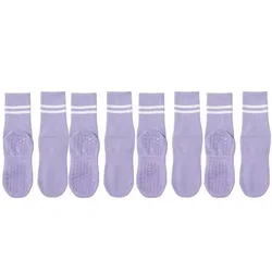 4 Pairs of Striped Anti-Slip Yoga and Pilates Cotton Socks - Breathable and Comfortable (4 Pairs Purple)
