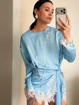 Women Satin Lace Patchwork Dress Long Sleeve O-neck Casual 2026 Spring Female Dresses Casual Solid Beach Robe not contain pearls 1