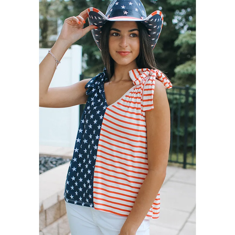 

Contrasting Color USA Flag, Contrasting Color, Knotted Shoulder Strap Vest, Female Stripe, Strap, V-neck,