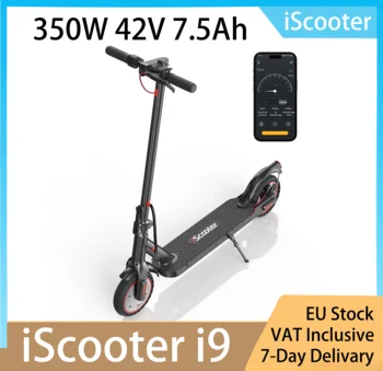 Monopattino Elettrico Pieghevole iScooter i9: Motore da 350W, Pneumatici Solidi da 8.5", Batteria 42V 7.5Ah, Velocità 30KM/H e Autonomia 30km, Freno a Disco, Carico 100KG, APP, Nero
