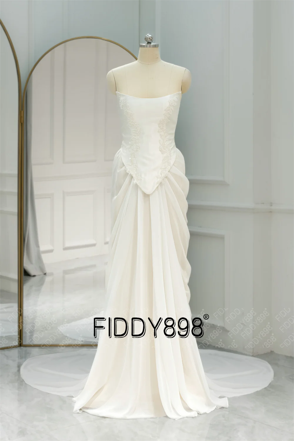 FIDDY898 Strapless Bride Gown Special Mermaid Design Beaded Lace and Chiffon Skirt Sleeveless Lace-up Back QW01975 3
