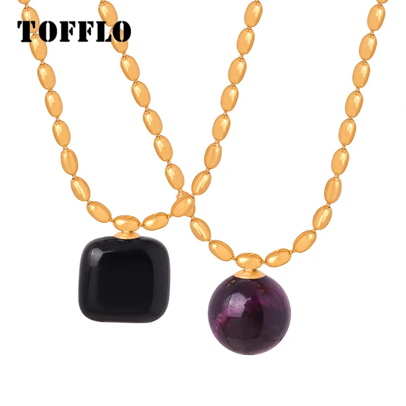 

TOFFLO Stainless Steel Jewelry Fashion Retro Natural Stone Pendant Necklace with Rice Bead Chain and Lock Bone Chain BSP218