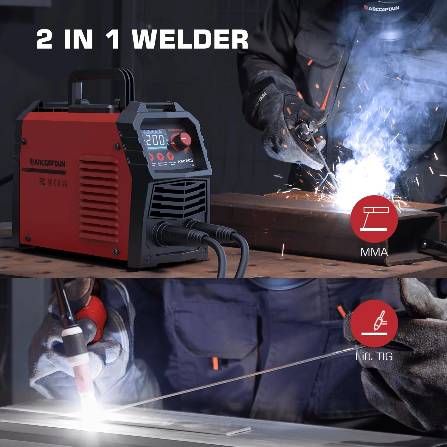 ARCCAPTAIN Semi-automatic Welding Machine 2 IN 1 Lift TIG MMA DC IGBT Inverter ARC Welder Portable 220V 200Amp for Home Beginner 5