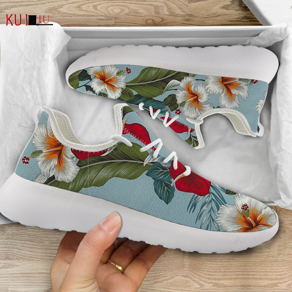 

KUILIU Vintage Hibiscus Floral Print Women Flats Casual Sneakers Autumn Luxury Design Ladies Air Mesh Breathable Soft Shoes New