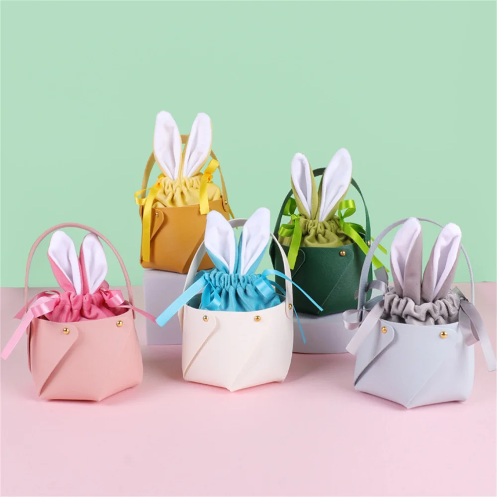 Easter Bunny Drawstring Bag Rabbit Ear Velvet Gift Box Chocolate Candy Cute Basket Easter Party Baking Snack Packing Supplies