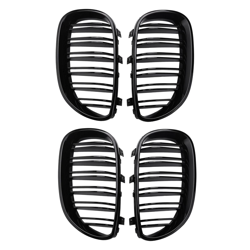 

2 Pair Gloss Black Front Kidney Grill Double Slat Double Line Grille For BMW E60 E61 5 Series 2003-2010 Coupe