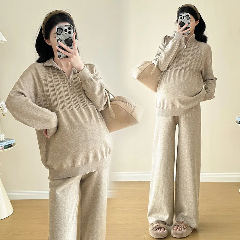 Winter Warm Maternity Sports Set Knitted Lapel Sweater Top+Wide-leg Pants 2pcs Pregnant Woman Korean Version Casual Suit