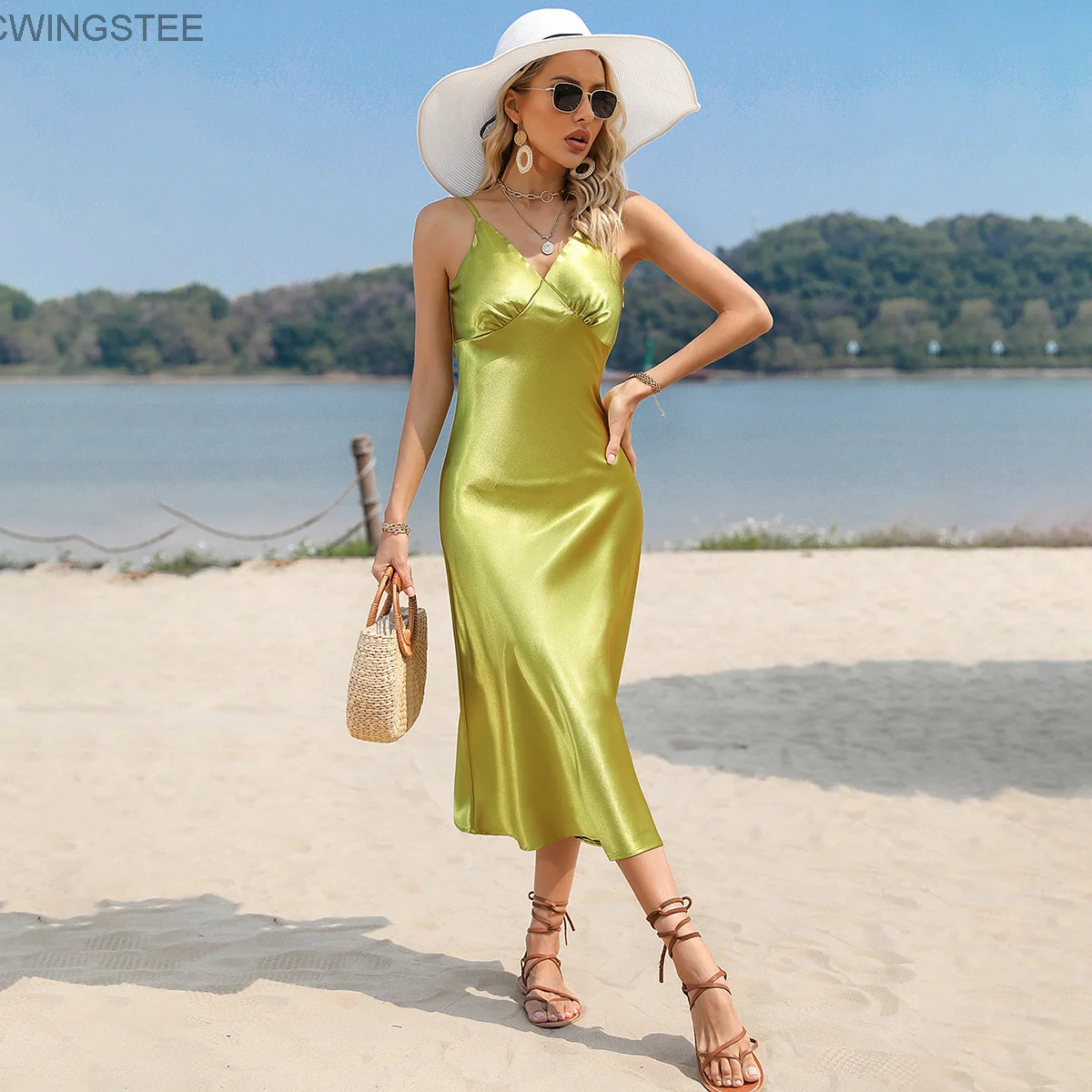 

Women Satin A-Line Dress High Waist Robes Summer Sundress 2023 Sleeveless V Neck Holiday Party Sexy Beach Midi Dresses