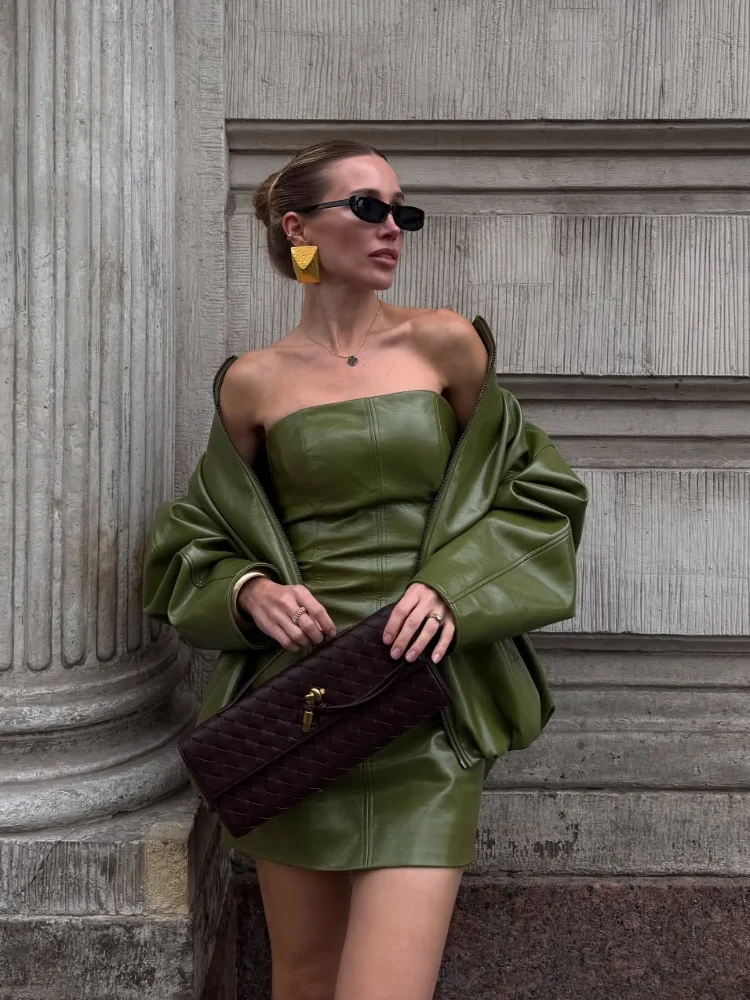 Women's Green Leather Strapless Slim Fit Dress Elegant Full Sleeve Loose  Patchwork Short Coat Set Vacation Party Skirts Suit New - AliExpress