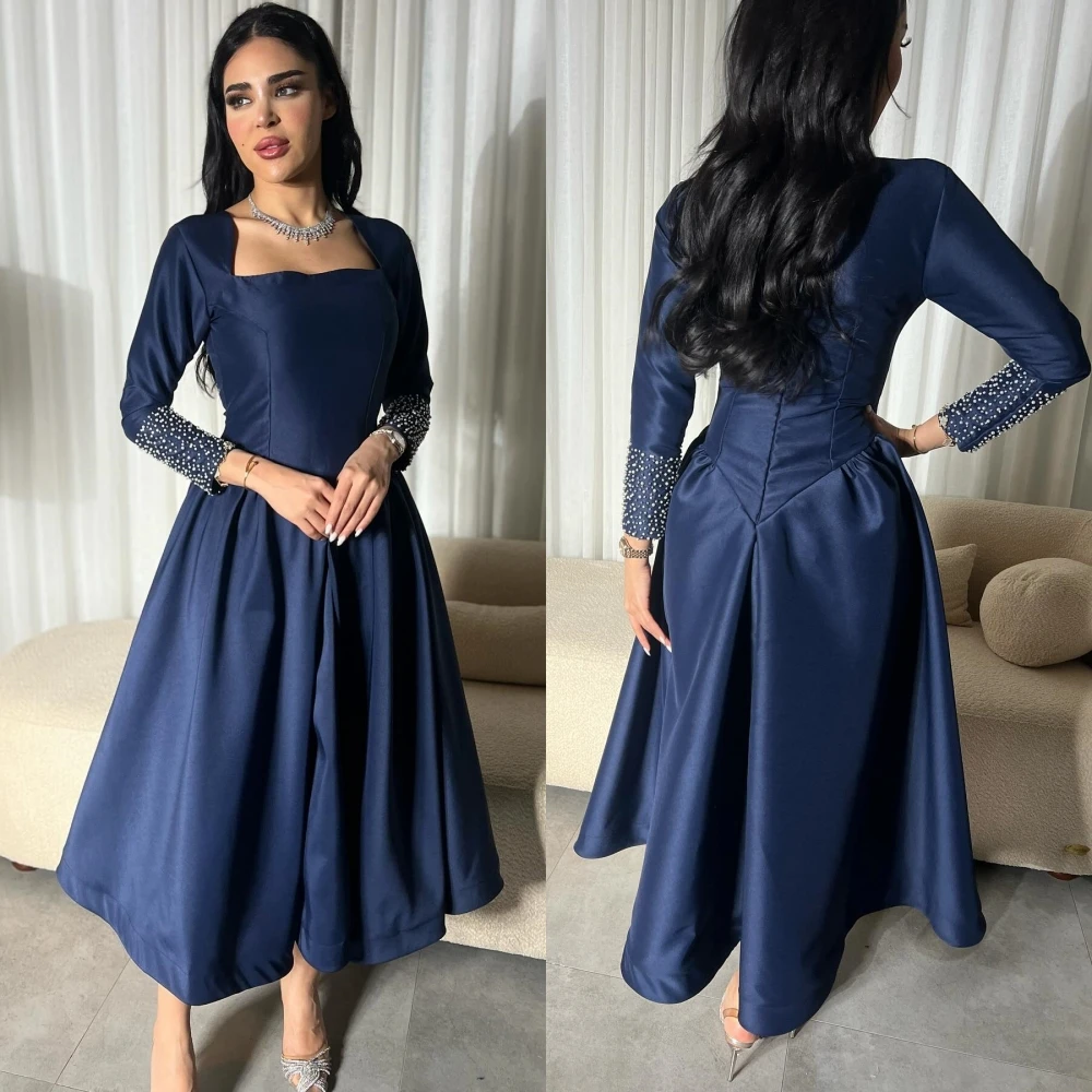 Prom Dress Saudi Arabia Satin Beading Draped Formal Evening A-line Square Collar Bespoke Occasion Gown Midi Dresses