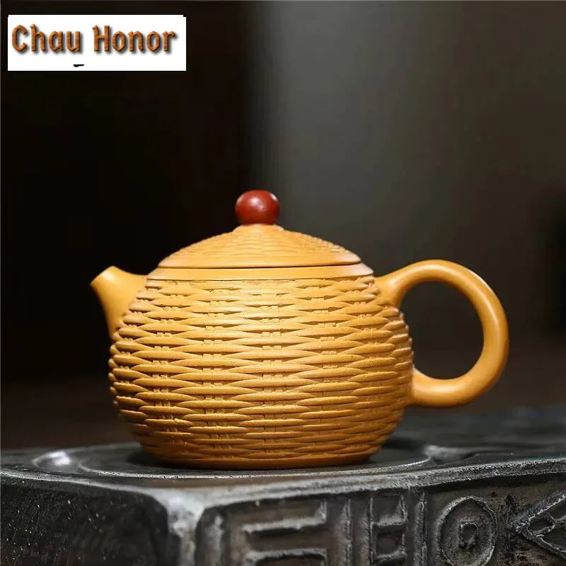 280ml Yixing Purple Clay Teapots Handmade Bamboo Braided Xishi Tea Pot Raw Ore Gold Section Mud Kettle Teaware Tea Ceremony Gift