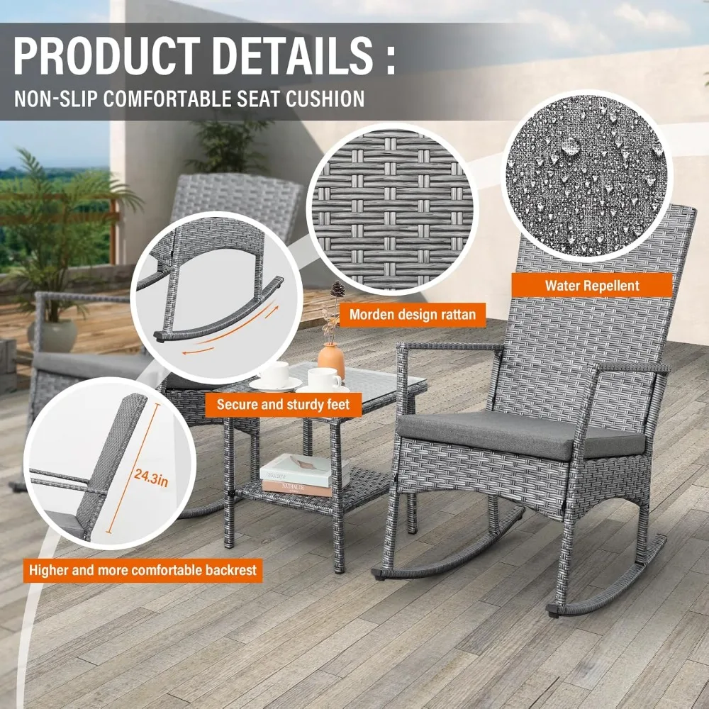 3 Piece Patio Rocking Chair Outdoor Rattan Bistro Set with Glass Top Table Conversation Set with Grey PE Wicker, Gray Cus 2