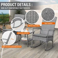 3 Piece Patio Rocking Chair Outdoor Rattan Bistro Set with Glass Top Table Conversation Set with Grey PE Wicker, Gray Cus 2
