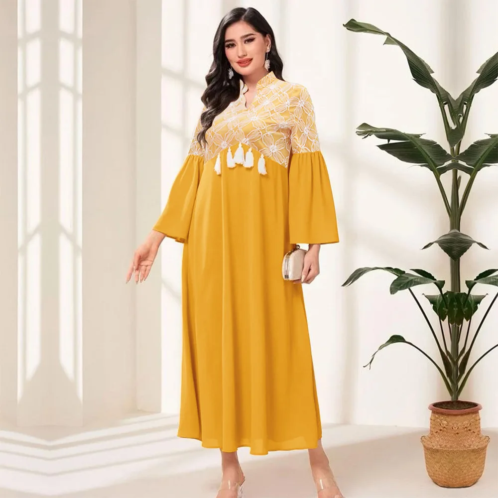 

Eid Al Adha Arab Gulf Party Dress for Women Muslim Moroccan Dubai Jalabiya Notched V Neck Mesh Tassels Flare sleeve Robe