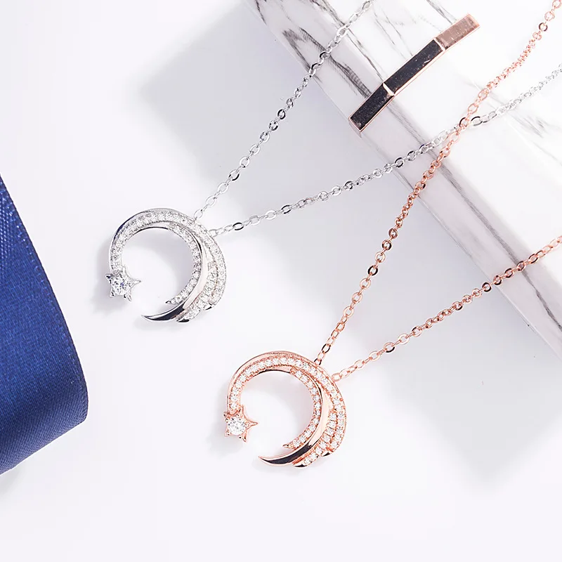 Moon Star Meteor Garden Slip Falling Meteor Micro-Inlaid Necklace For Women for pendant necklace,silver necklace,silver pendant,silver necklace charms