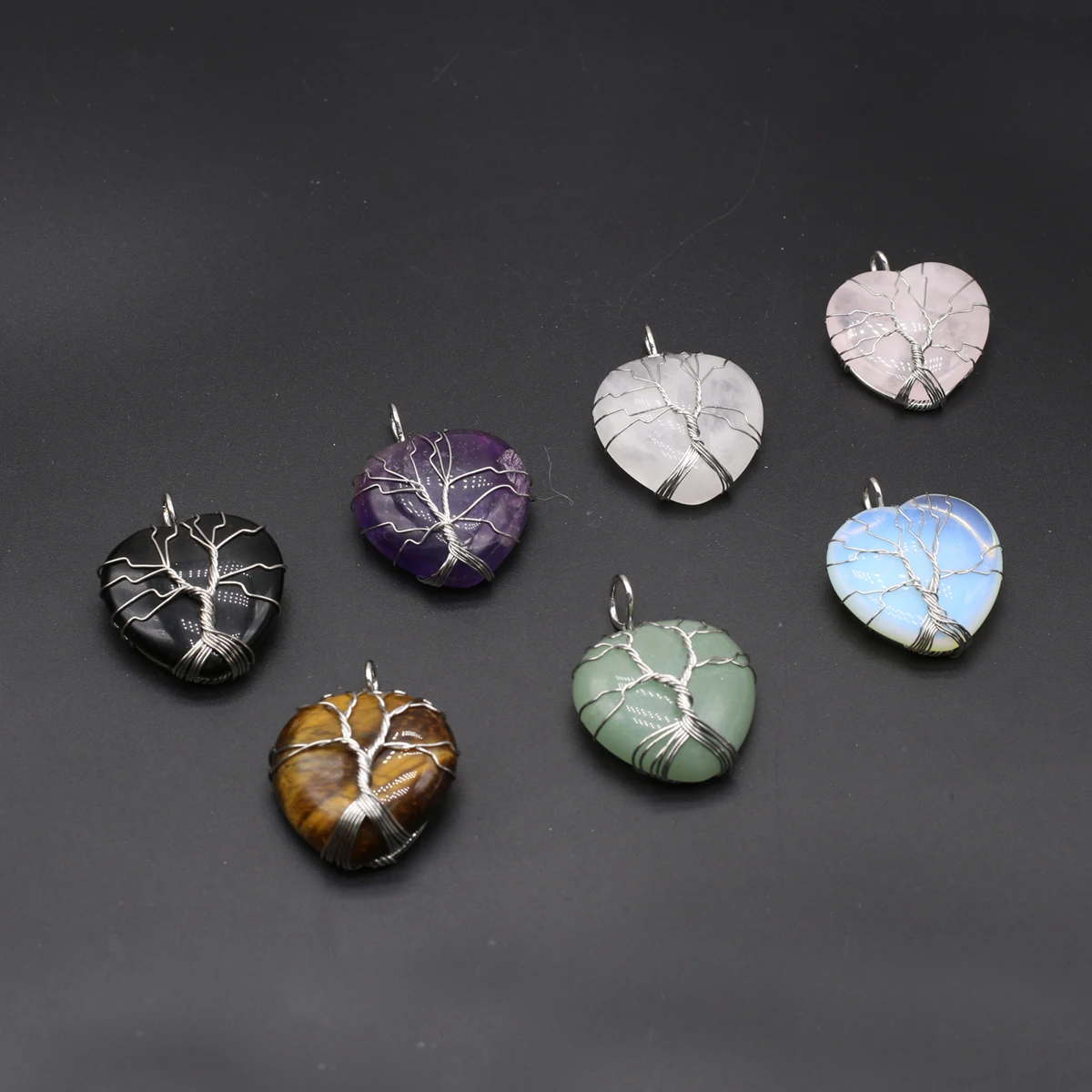 

4PCS Wholesale Natural Stone Heart Shaped Steel Filament Wrapped Life Tree Reiki Healing Pendant DIY Jewelry Making Charm Gift