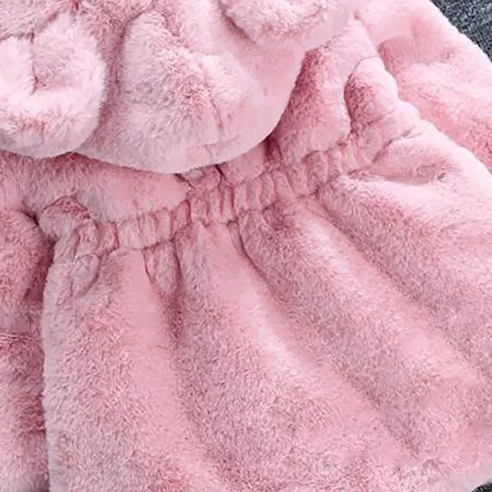 Girls Coat Winter Furry Hooded Bear Solid Color Long-sleeved Thick Warm Cute