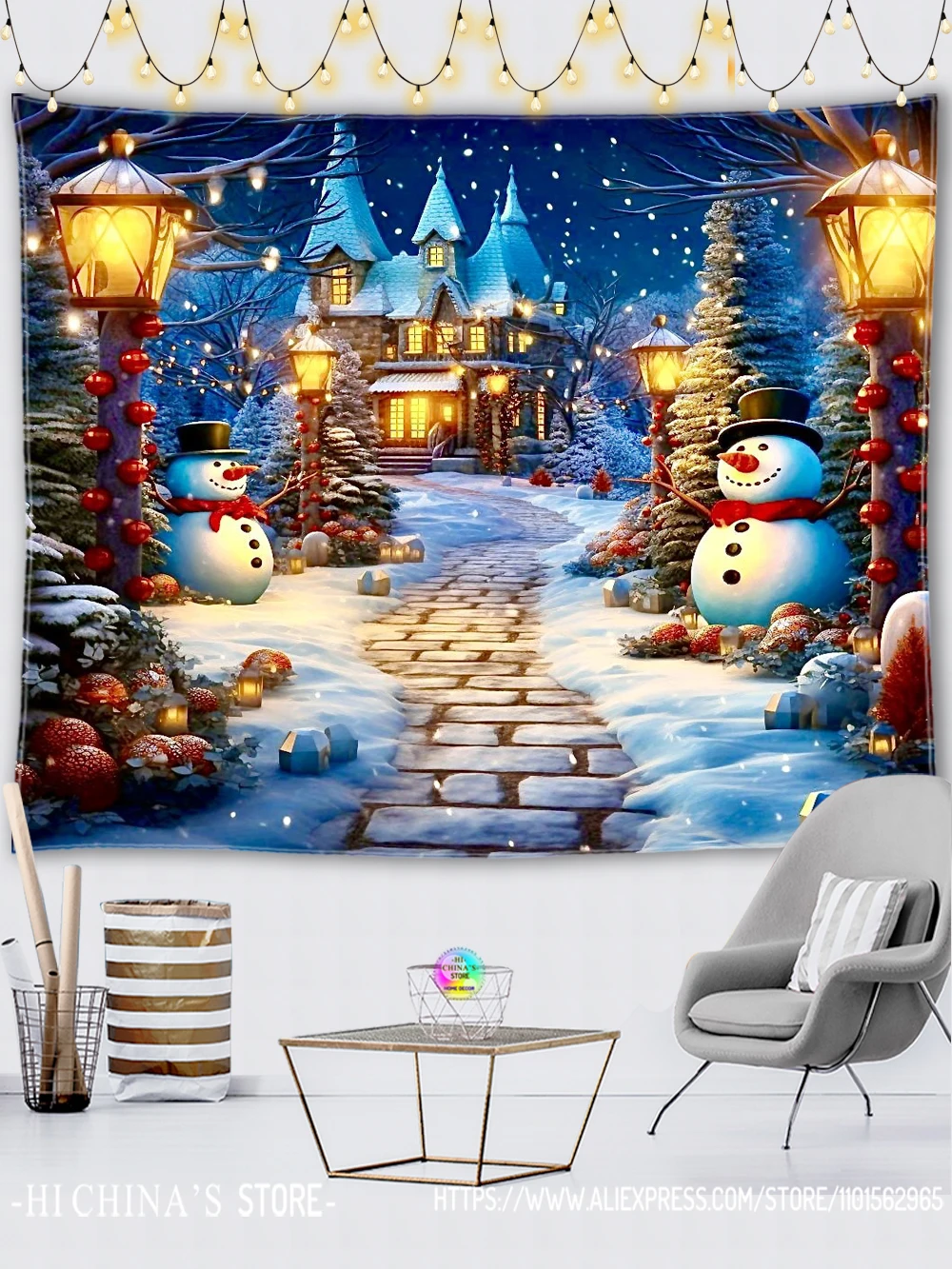 Weihnachtsdekoration Wandteppich Schneemann Weihnachtsbaum blauer Hintergrund Wanddekoration Weihnachtsgeschenk für Wohnzimmer Schlafzimmer – Detail 6