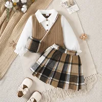 3Pcs Children Girl Set Splicing Fake Two piece Top+Checkered Skirt+Mini Bag Set Suitable Girls 4-7 Year Autumn College Style Set