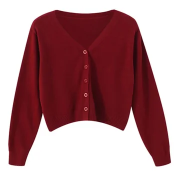 Women's Long Sleeve Cropped Cardigan V Neck Button Down Knit Lady Autumn Spring Knitted Single-breasted Cardigan Sweaters 1
